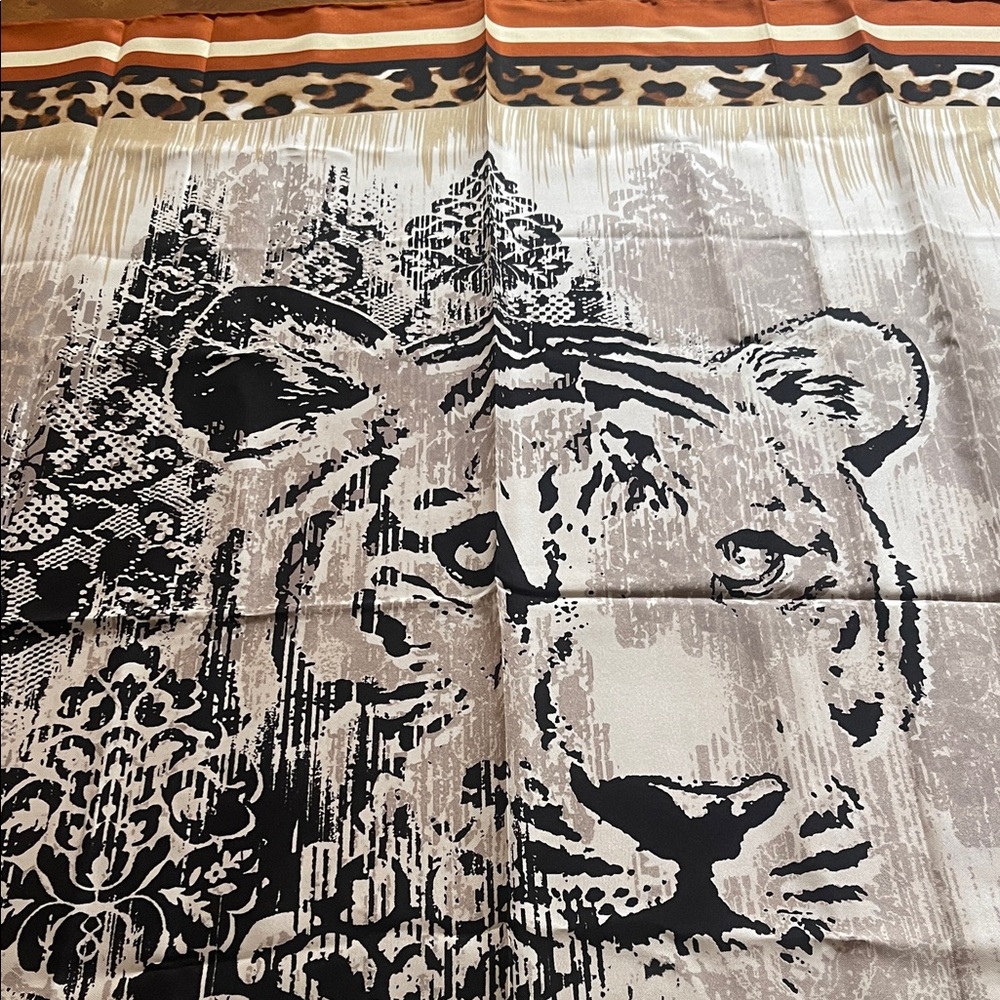 Chico’s Tiger Face 100% Silk Scarf with Leopard Border - Black, Gray, Cream, Tan
